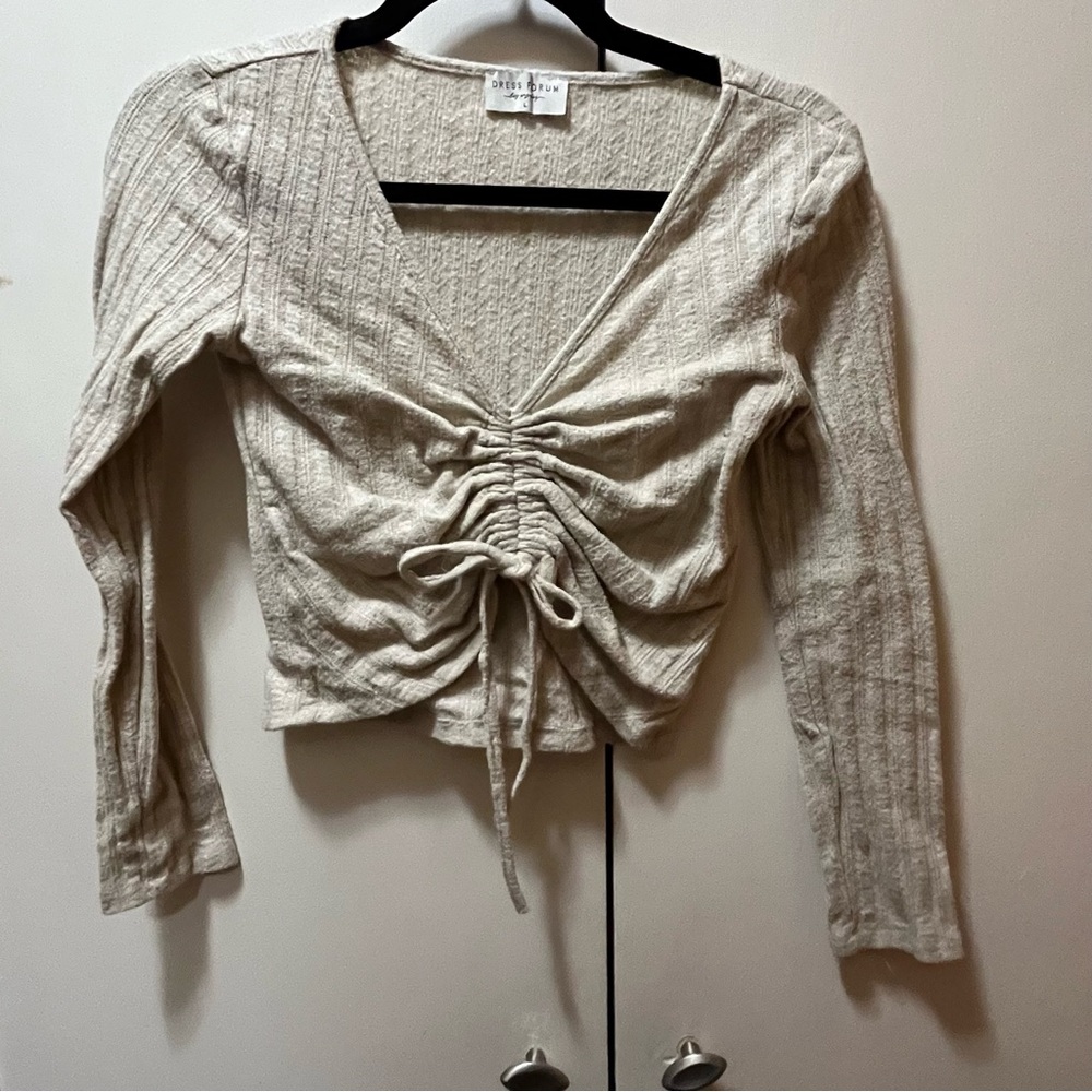 Dress Forum Cream Ribbed Ruched Crop Blouse with Tie on Front